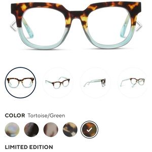 Peepers Show Biz blue light glasses in tortoise/green, limited edition